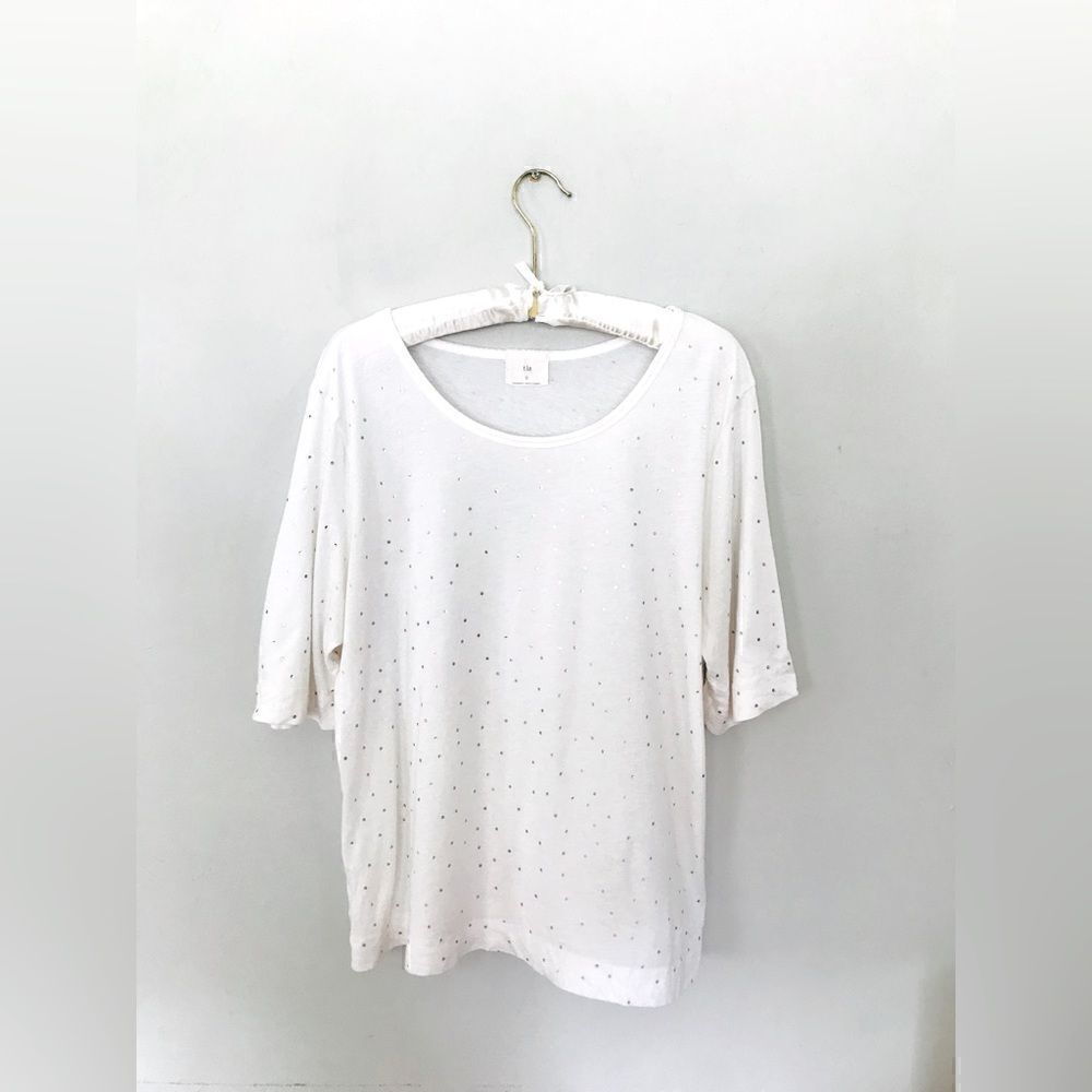 Anthropologie | t.la white t-shirt with gold polka dots | size large